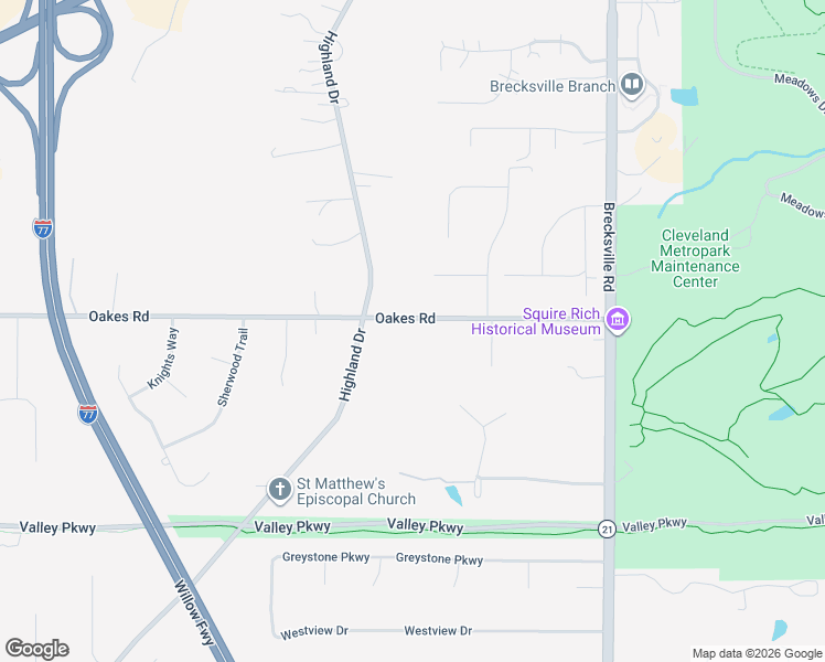 map of restaurants, bars, coffee shops, grocery stores, and more near 6762 Oakes Road in Brecksville