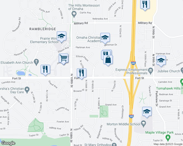 map of restaurants, bars, coffee shops, grocery stores, and more near 5306 North 105th Plaza in Omaha