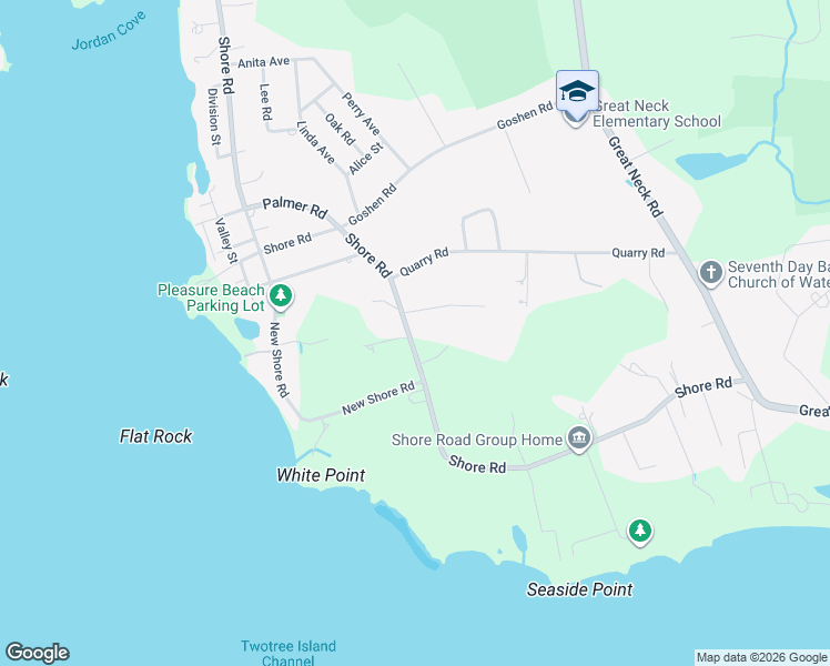 map of restaurants, bars, coffee shops, grocery stores, and more near 93 Shore Road in Waterford