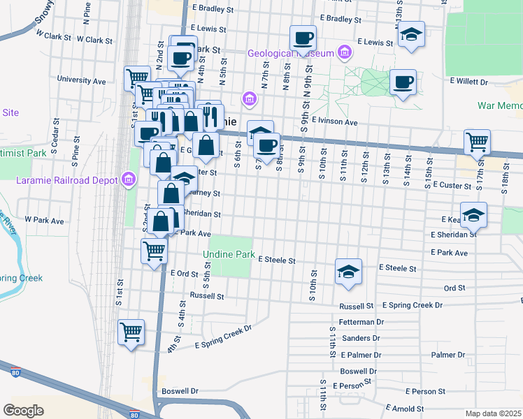 map of restaurants, bars, coffee shops, grocery stores, and more near 709 East Sheridan Street in Laramie