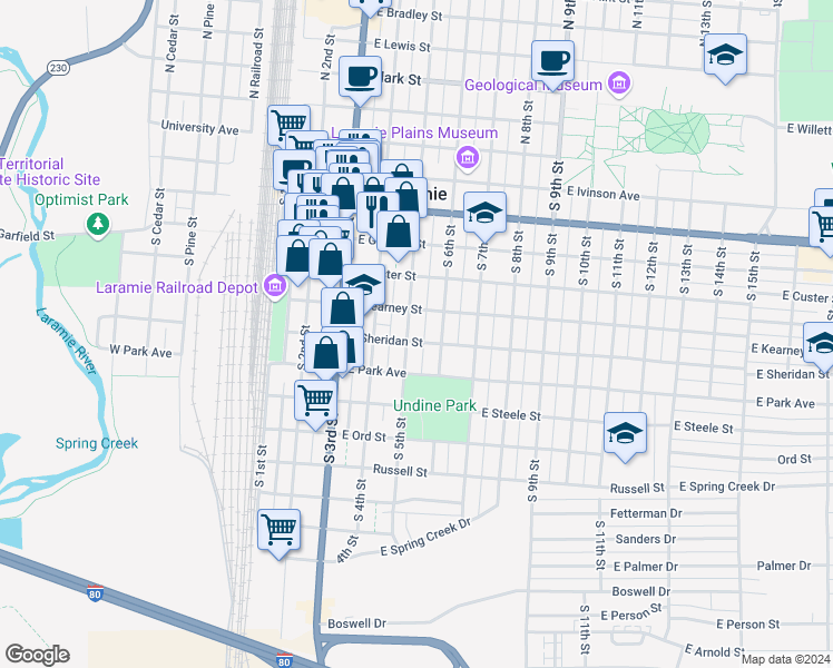 map of restaurants, bars, coffee shops, grocery stores, and more near 508 East Sheridan Street in Laramie