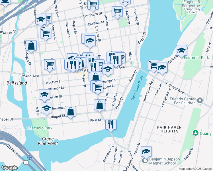 map of restaurants, bars, coffee shops, grocery stores, and more near 72 Pierpont Street in New Haven