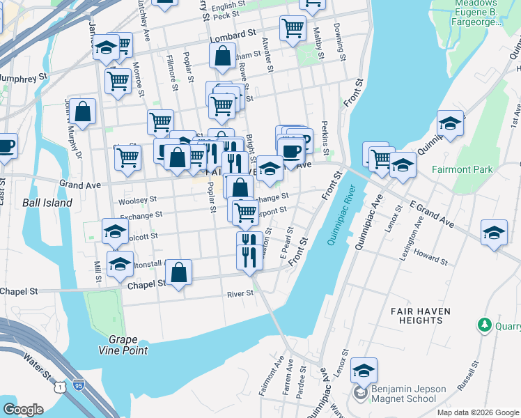map of restaurants, bars, coffee shops, grocery stores, and more near 72 Pierpont Street in New Haven