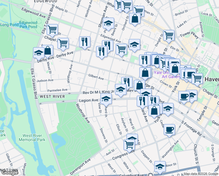 map of restaurants, bars, coffee shops, grocery stores, and more near 203 Orchard Street in New Haven
