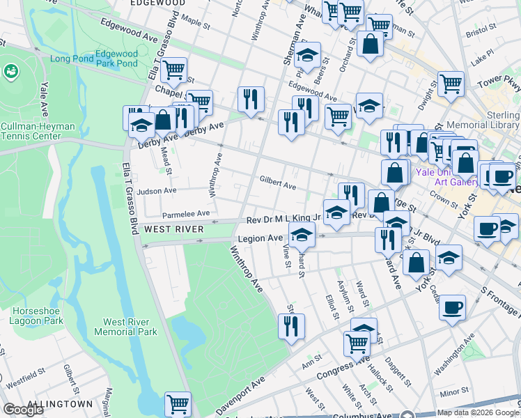 map of restaurants, bars, coffee shops, grocery stores, and more near 113 Auburn Street in New Haven