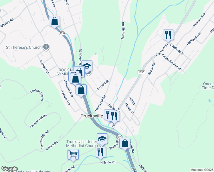 map of restaurants, bars, coffee shops, grocery stores, and more near 48 Harris Hill Road in Trucksville