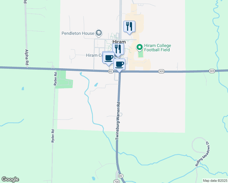 map of restaurants, bars, coffee shops, grocery stores, and more near 11581 Garfield Road in Hiram
