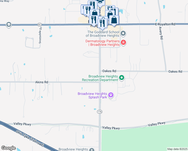 map of restaurants, bars, coffee shops, grocery stores, and more near 1000-1638 Akins Rd in Broadview Heights