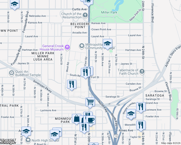 map of restaurants, bars, coffee shops, grocery stores, and more near in Omaha