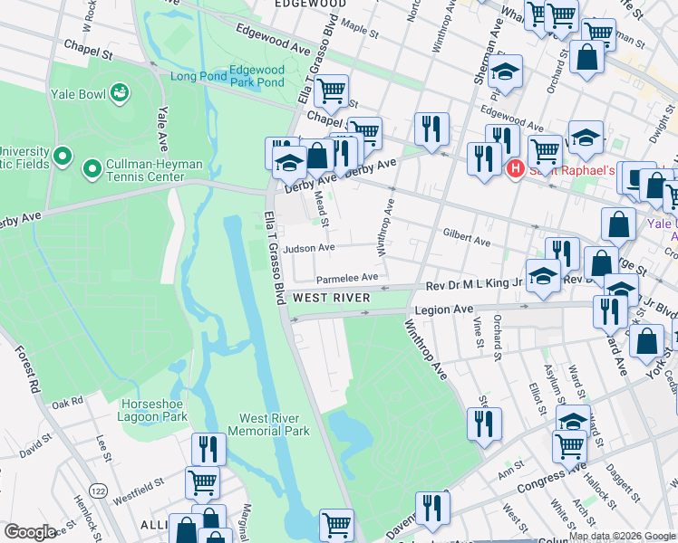 map of restaurants, bars, coffee shops, grocery stores, and more near 21 Parmelee Avenue in New Haven