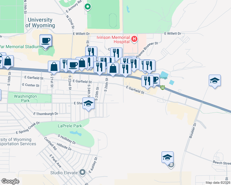map of restaurants, bars, coffee shops, grocery stores, and more near 2621 East Sheridan Street in Laramie
