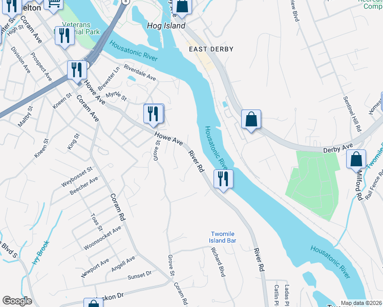 map of restaurants, bars, coffee shops, grocery stores, and more near 26 Edgewood Avenue in Shelton