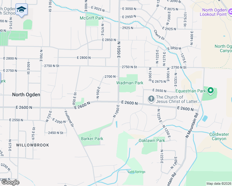 map of restaurants, bars, coffee shops, grocery stores, and more near 2643 North 1050 East in North Ogden