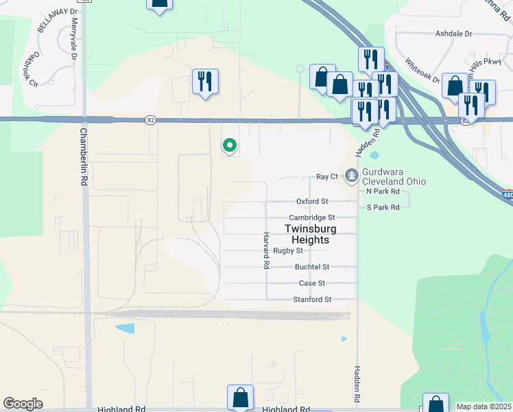 map of restaurants, bars, coffee shops, grocery stores, and more near 1967 Cambridge Street in Twinsburg