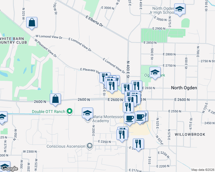 map of restaurants, bars, coffee shops, grocery stores, and more near 2650 North 300 East Street in North Ogden