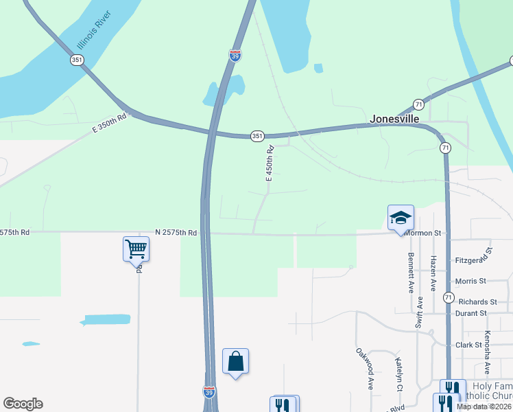 map of restaurants, bars, coffee shops, grocery stores, and more near 2585 East 450th Road in Oglesby