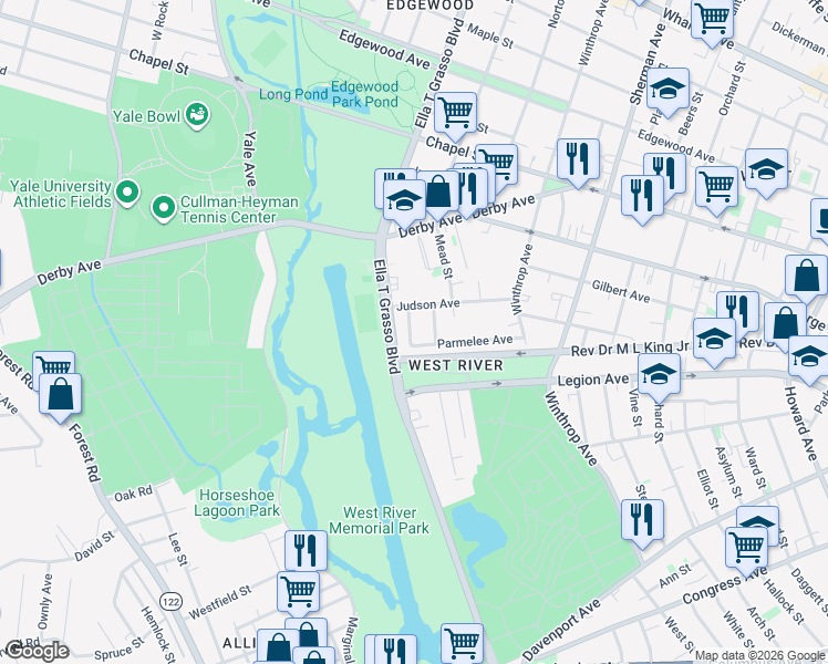 map of restaurants, bars, coffee shops, grocery stores, and more near in New Haven