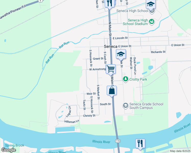 map of restaurants, bars, coffee shops, grocery stores, and more near 325 South Market Street in Seneca