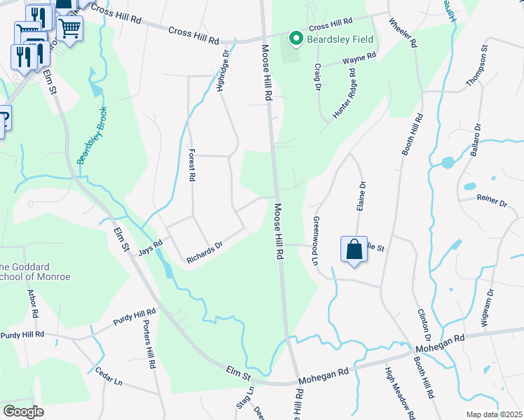 map of restaurants, bars, coffee shops, grocery stores, and more near 275 Moose Hill Road in Monroe