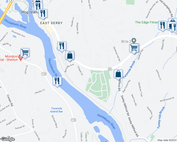map of restaurants, bars, coffee shops, grocery stores, and more near 189 New Haven Avenue in Derby