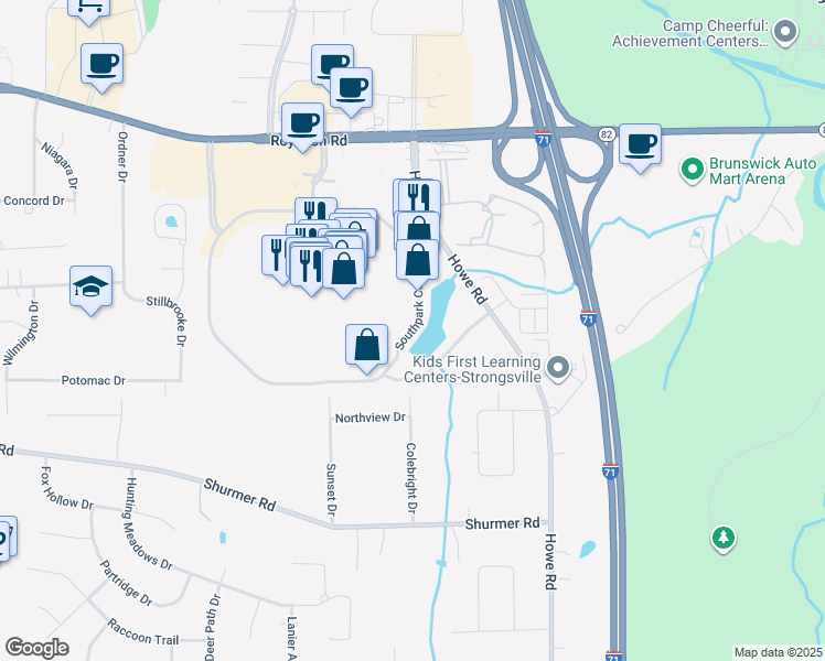 map of restaurants, bars, coffee shops, grocery stores, and more near 17271 Southpark Center in Strongsville