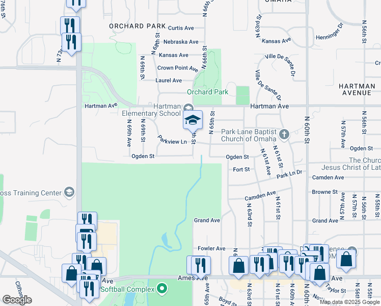 map of restaurants, bars, coffee shops, grocery stores, and more near 6615 Ogden Street in Omaha