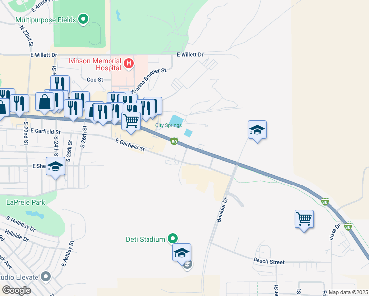 map of restaurants, bars, coffee shops, grocery stores, and more near 3692-3802 Grand Avenue in Laramie