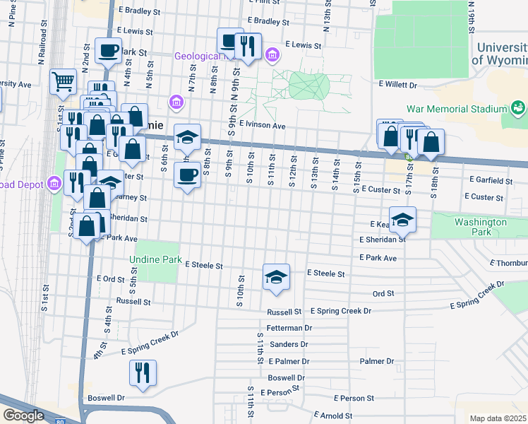 map of restaurants, bars, coffee shops, grocery stores, and more near 612 South 11th Street in Laramie