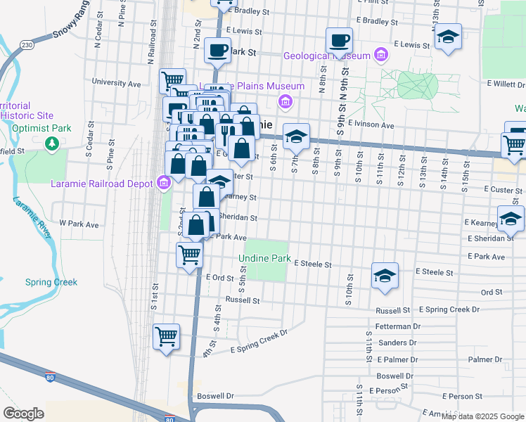 map of restaurants, bars, coffee shops, grocery stores, and more near 508 East Sheridan Street in Laramie