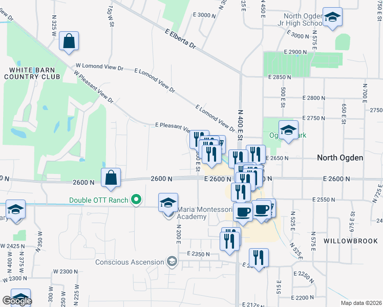 map of restaurants, bars, coffee shops, grocery stores, and more near 2650 North 300 East Street in North Ogden