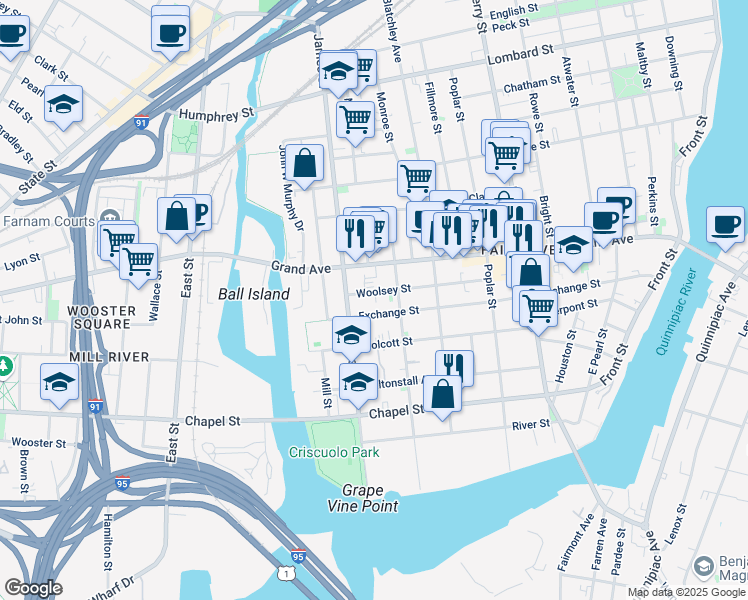 map of restaurants, bars, coffee shops, grocery stores, and more near 313 Exchange Street in New Haven