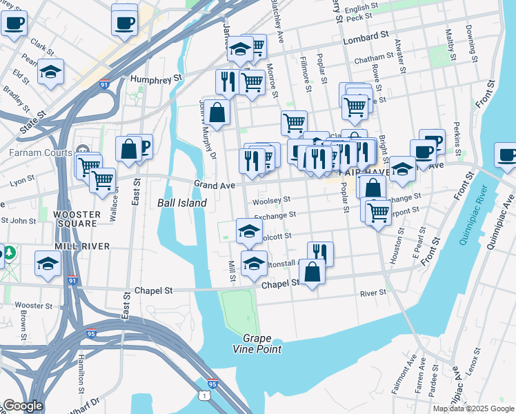 map of restaurants, bars, coffee shops, grocery stores, and more near 170 James Street in New Haven