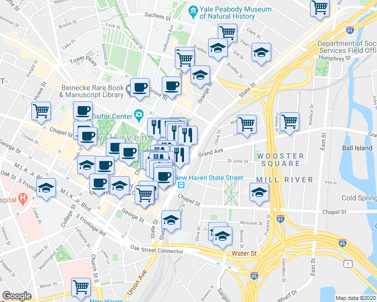 map of restaurants, bars, coffee shops, grocery stores, and more near 7 Elm Street in New Haven