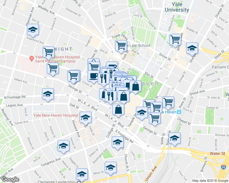 map of restaurants, bars, coffee shops, grocery stores, and more near in New Haven