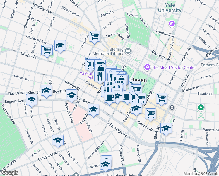 map of restaurants, bars, coffee shops, grocery stores, and more near in New Haven