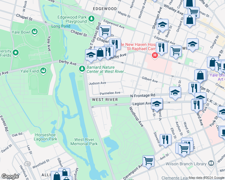map of restaurants, bars, coffee shops, grocery stores, and more near 21 Parmelee Avenue in New Haven