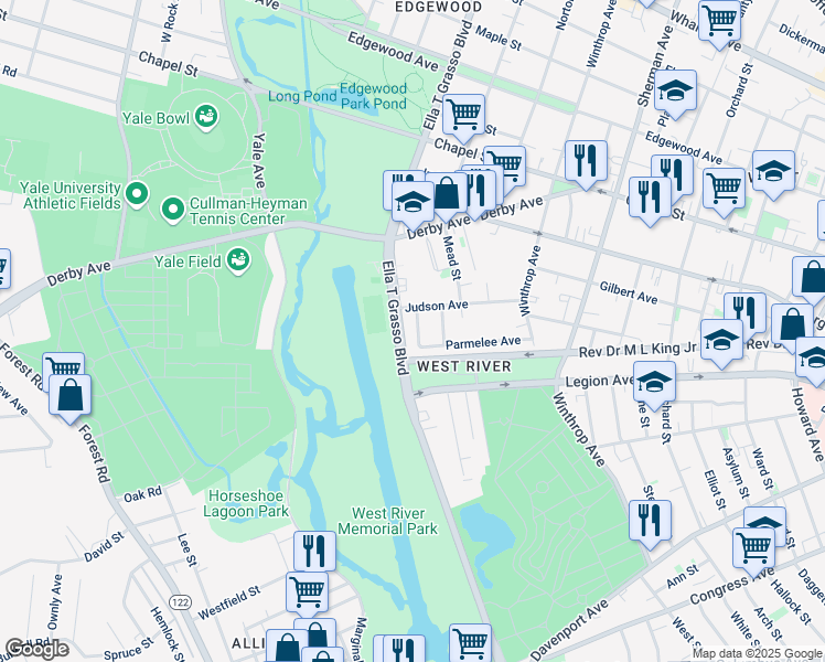 map of restaurants, bars, coffee shops, grocery stores, and more near in New Haven