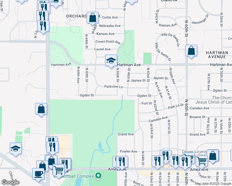 map of restaurants, bars, coffee shops, grocery stores, and more near 6615 Ogden Street in Omaha