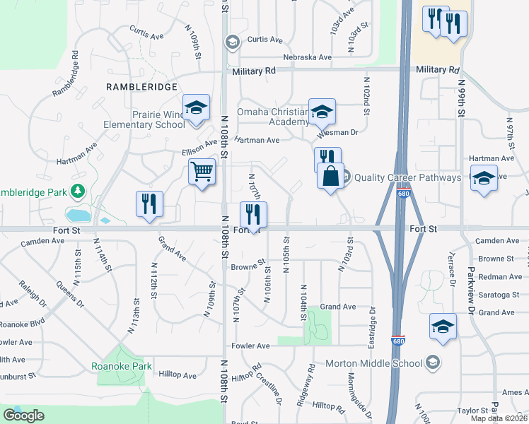 map of restaurants, bars, coffee shops, grocery stores, and more near 10710 Fort Street in Omaha
