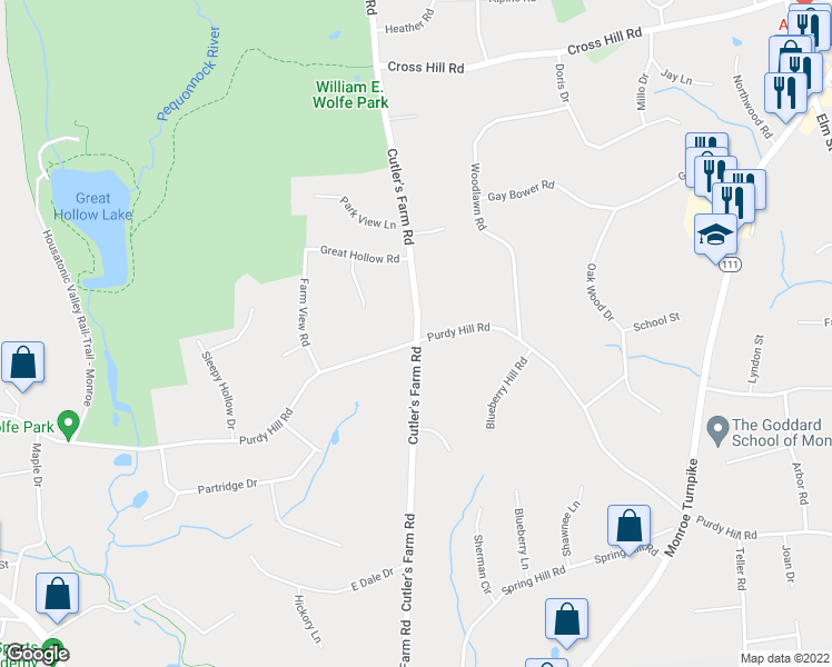 map of restaurants, bars, coffee shops, grocery stores, and more near 167 Cutler's Farm Road in Monroe