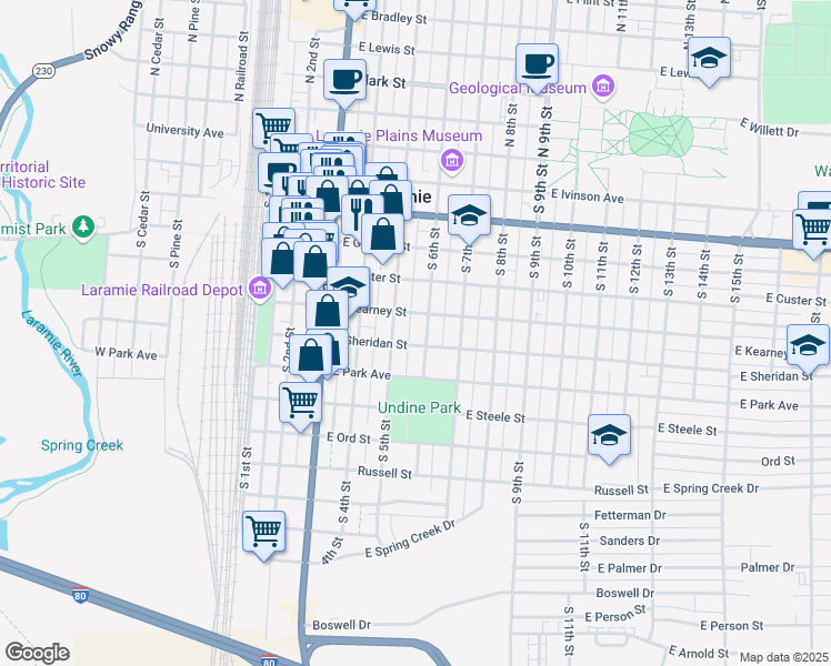 map of restaurants, bars, coffee shops, grocery stores, and more near 610 South 6th Street in Laramie