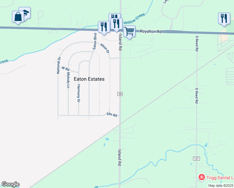 map of restaurants, bars, coffee shops, grocery stores, and more near 12372 Island Road in Grafton