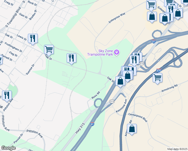 map of restaurants, bars, coffee shops, grocery stores, and more near 1151 Oak St in Pittston