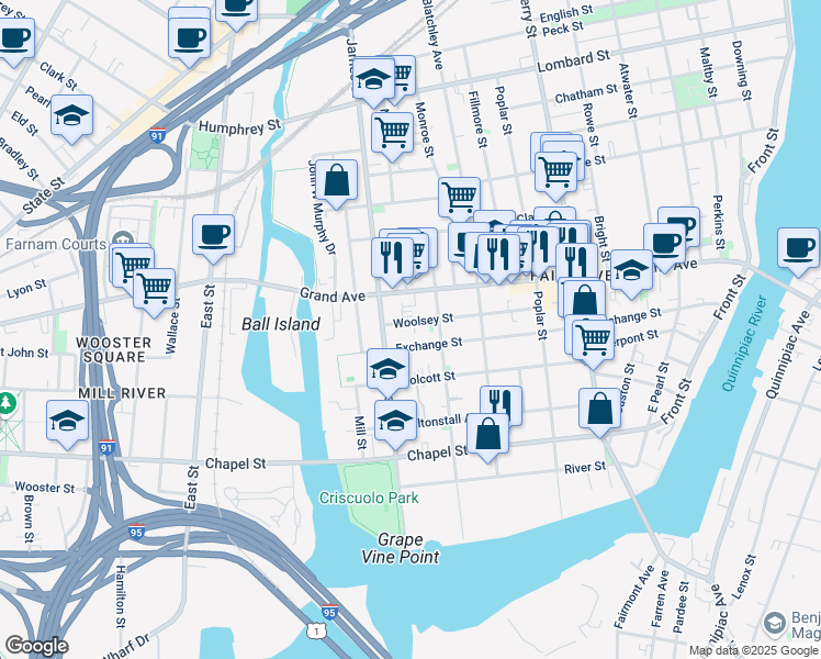 map of restaurants, bars, coffee shops, grocery stores, and more near 313 Exchange Street in New Haven