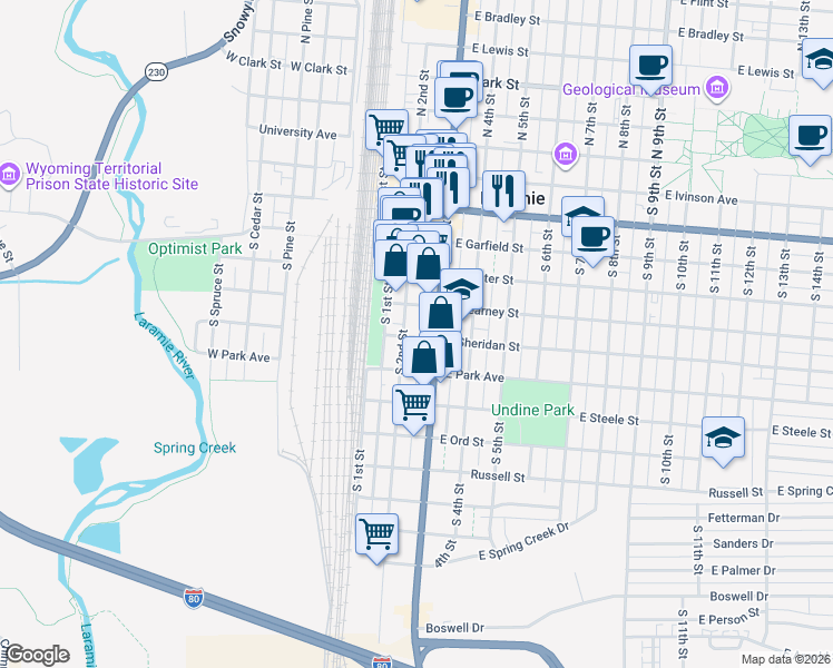 map of restaurants, bars, coffee shops, grocery stores, and more near 704 South 2nd Street in Laramie