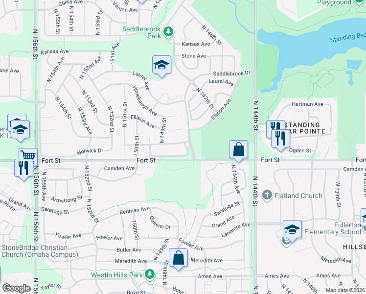 map of restaurants, bars, coffee shops, grocery stores, and more near 14866 Ogden Street in Omaha