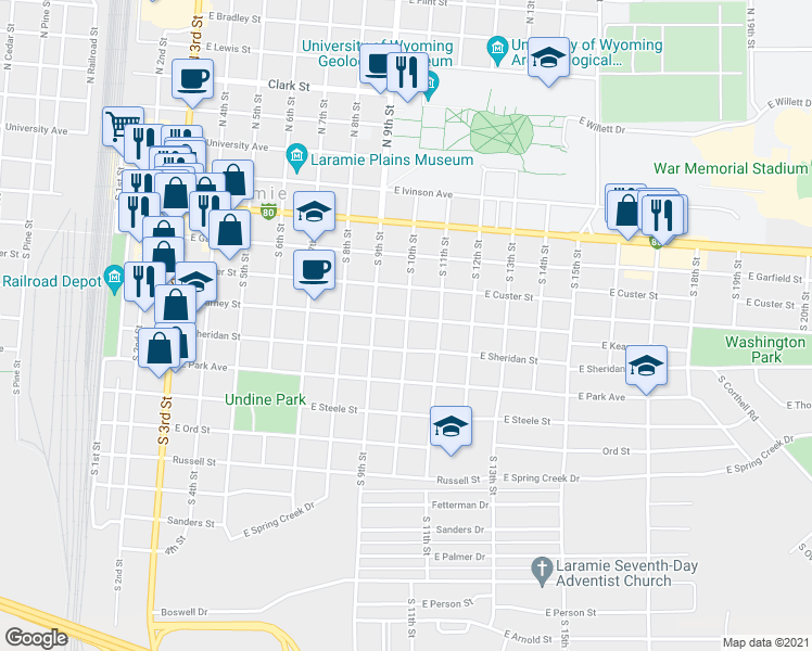 map of restaurants, bars, coffee shops, grocery stores, and more near 620 South 10th Street in Laramie