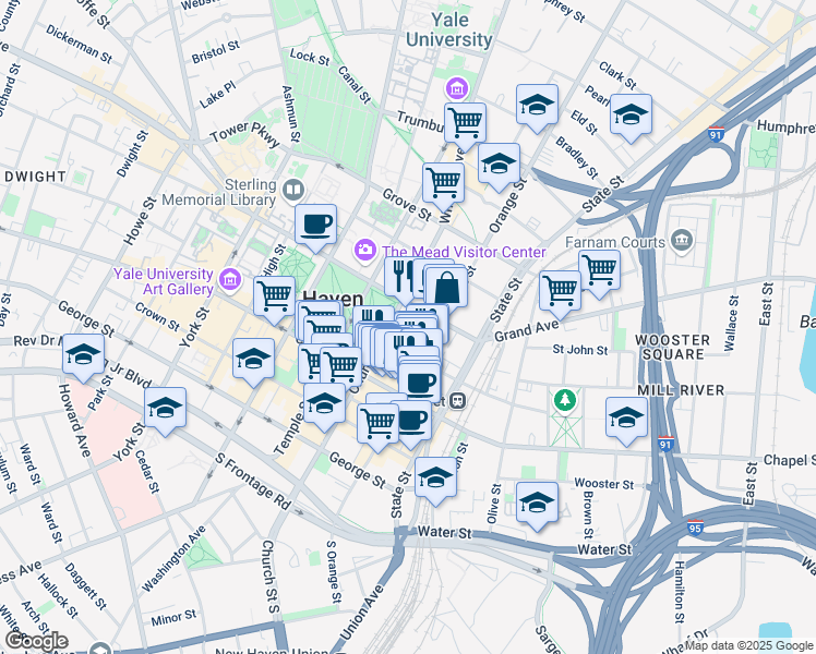 map of restaurants, bars, coffee shops, grocery stores, and more near 165 Church Street in New Haven