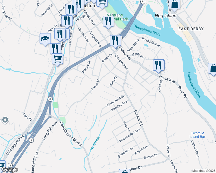 map of restaurants, bars, coffee shops, grocery stores, and more near 5 Naugatuck Avenue in Shelton