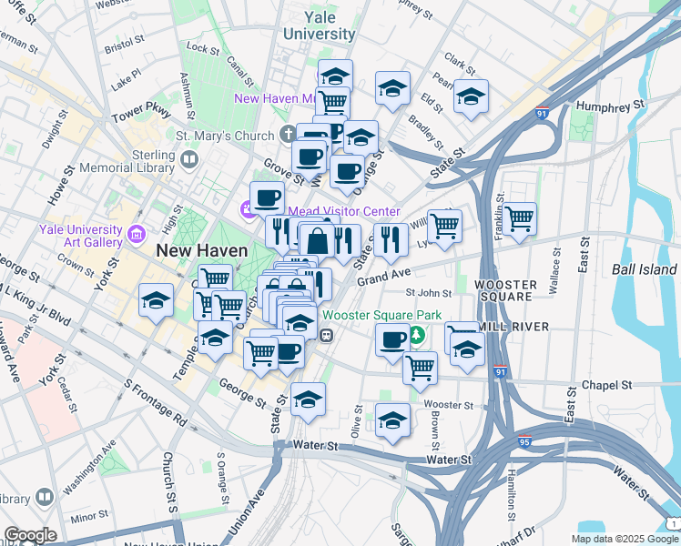 map of restaurants, bars, coffee shops, grocery stores, and more near 7 Elm Street in New Haven